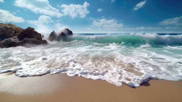 Una scena sulla spiaggia con un cielo blu e onde e una scena sulla spiaggia.