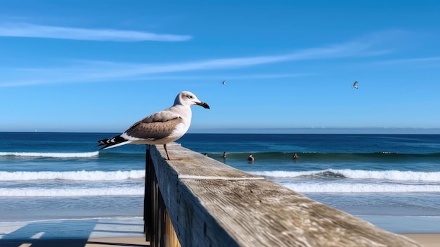 Una scena sulla spiaggia con un gabbiano appollaiato su un molo Generative AI