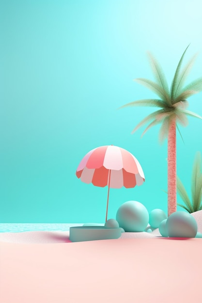 Una scena sulla spiaggia con un ombrellone rosa e palme.