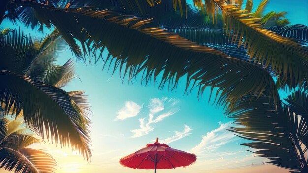 Una scena sulla spiaggia con un ombrellone rosso e palme.