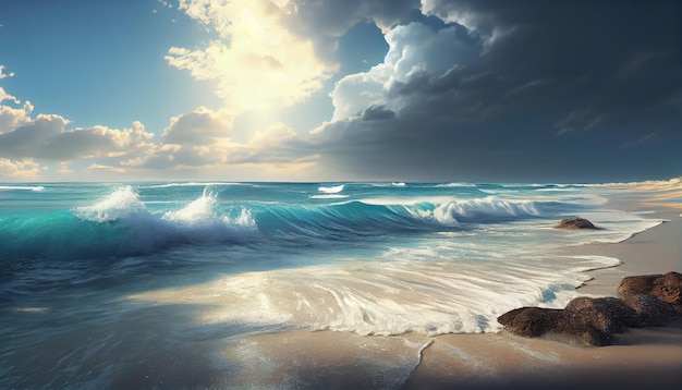 Una scena sulla spiaggia con un'onda che si infrange sulla sabbia.