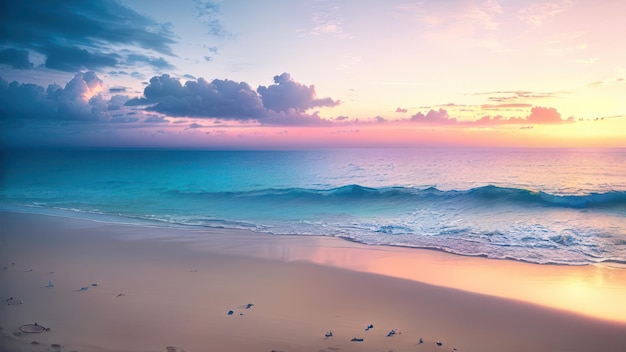 Una scena sulla spiaggia con un tramonto colorato e un uccello sulla sabbia.