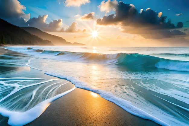 Una scena sulla spiaggia con un tramonto e il sole che splende sull'acqua.