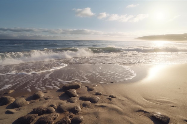 Una scena sulla spiaggia con un tramonto e un grande specchio d'acqua