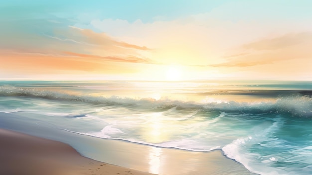 Una scena sulla spiaggia con un tramonto e una coppia che cammina sulla sabbia.