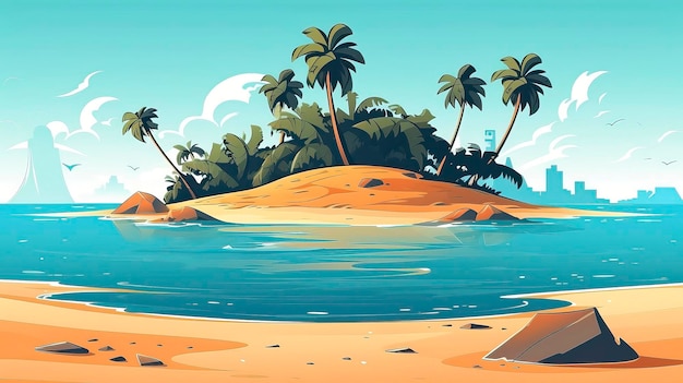 Una scena sulla spiaggia con una palma e un cartello che dice "spiaggia"