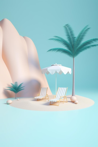 Una scena sulla spiaggia con una palma e una sedia a sdraio.