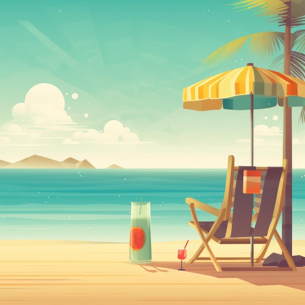 Una scena sulla spiaggia con una sedia a sdraio e un ombrellone con sopra un drink.