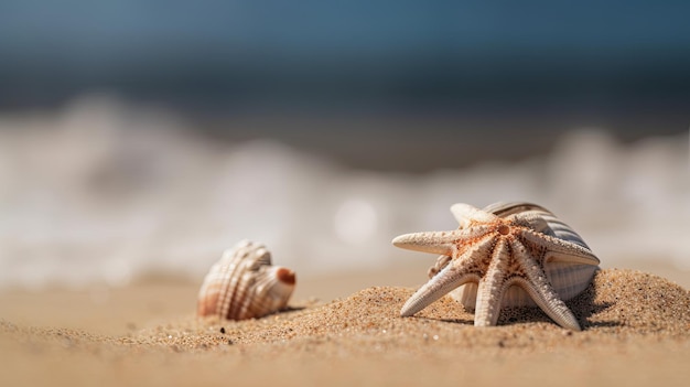Una scena sulla spiaggia con una stella marina e conchiglie sulla sabbia