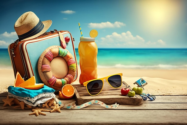 Una scena sulla spiaggia con una valigia, una bottiglia, una macchina fotografica, un cappello di paglia e una bottiglia di succo d'arancia.