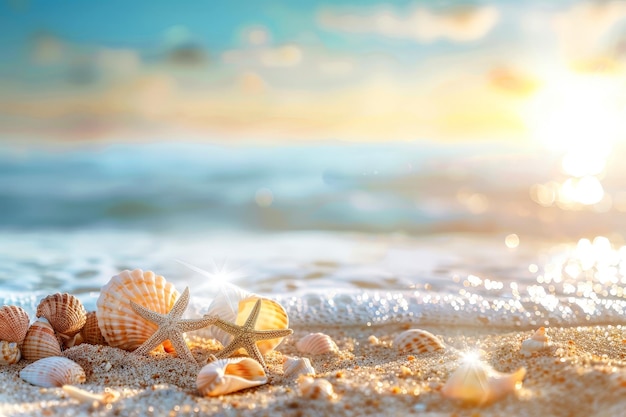 Una scena sulla spiaggia con una varietà di conchiglie e una stella di mare vocazione per le vacanze estive ai generative