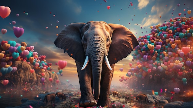 Una scena surreale e magica con un elefante che galleggia con palloncini Generative Ai