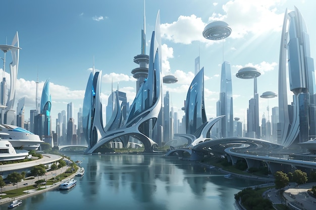 Una scena surreale e onirica di un paesaggio urbano futuristico, con un mix di elementi organici e tecnologici