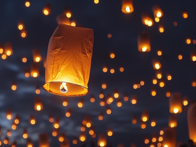 Una scena tranquilla di lanterne galleggianti rilasciate da devoti buddisti che proiettano un leggero bagliore contro il cielo notturno