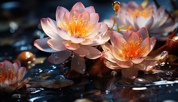 Una scena tranquilla di un singolo fiore che galleggia sull'acqua generata dall'intelligenza artificiale