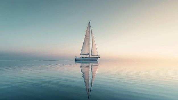 Una scena tranquilla di una barca a vela su acque calme con un dolce bagliore dell'alba