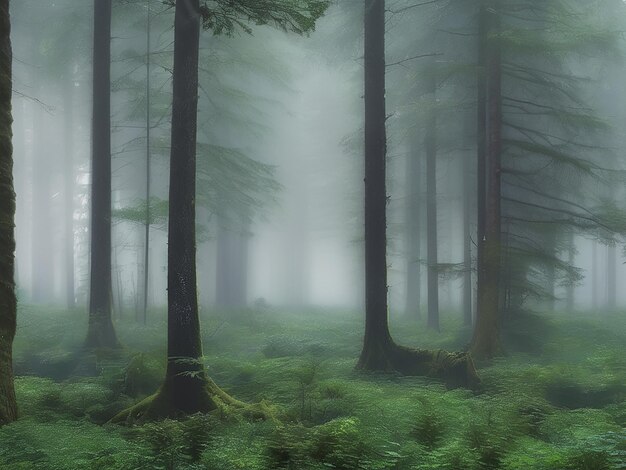 Una scena tranquilla di una foresta nebbiosa con alberi verdi