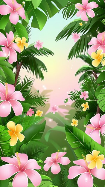 Una scena tropicale con fiori rosa e gialli e foglie verdi