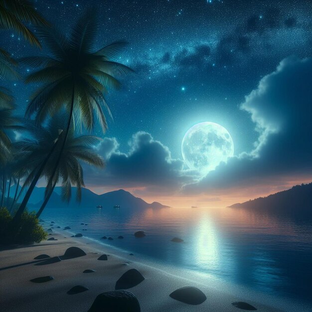 una scena tropicale con una luna piena e palme