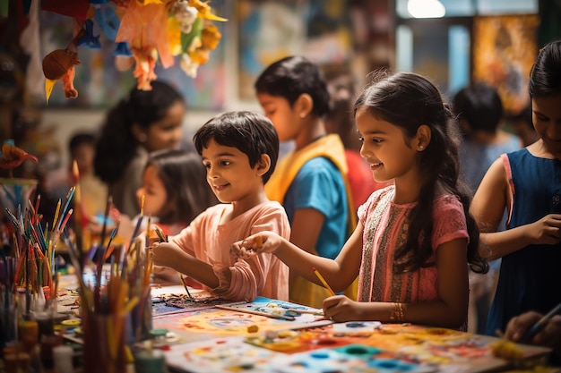Una scena vivace di bambini impegnati in attività artigianali
