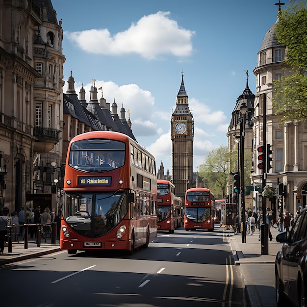 Una scena vivace nel cuore di Londra I soggetti principali dovrebbero essere l'iconico autobus rosso