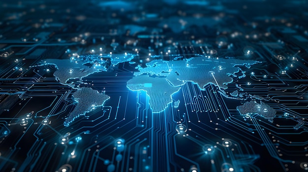 Una scheda a circuito con una mappa del mondo sovrapposta sopra