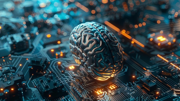 una scheda di circuiti cerebrali circondata da microcircuiti e componenti elettronici che sono illuminati