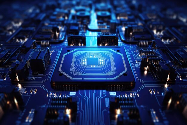 una scheda di circuito di computer con luci blu