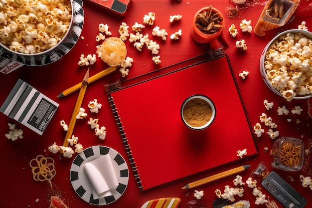 Una scheda di film vuota su sfondo rosso con snack cinematografici nello stile di strumenti di pittura e scrittura