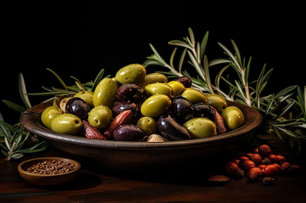 Una schiera di olive su un piatto nero