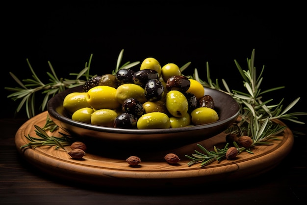 Una schiera di olive su un piatto nero