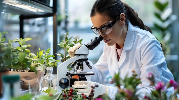 Una scienziata che indossa un cappotto da laboratorio e occhiali di sicurezza sta guardando un campione di pianta attraverso un microscopio