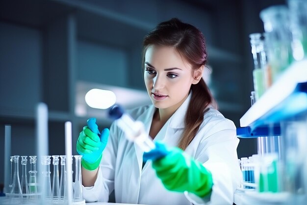 Una scienziata che lavora su un tubo di vetro in un laboratorio