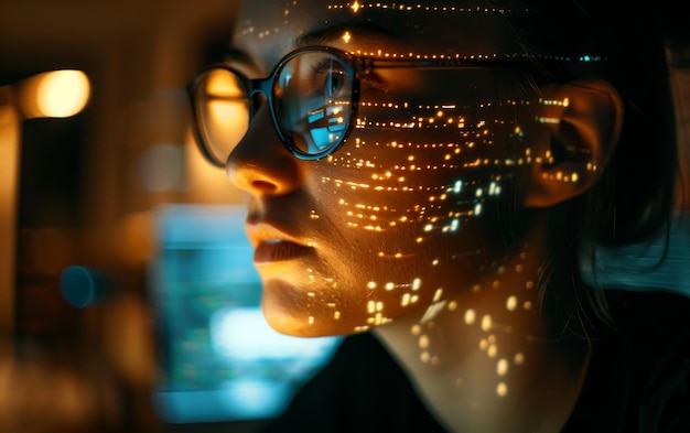 Una scienziata dei dati profondamente focalizzata sull'analisi dei dati con modelli digitali proiettati sul suo viso in un ambiente ad alta tecnologia