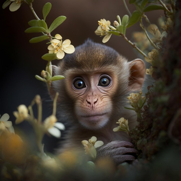 Una scimmia bambino siede su un albero con fiori.