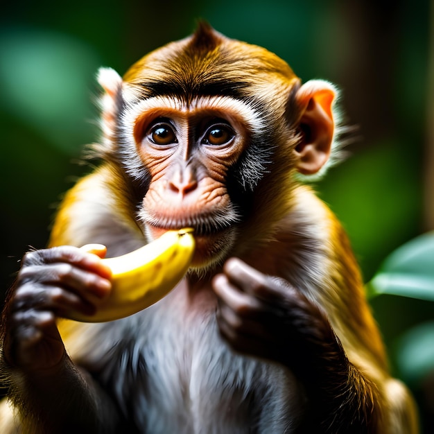 una scimmia carina che mangia una banana