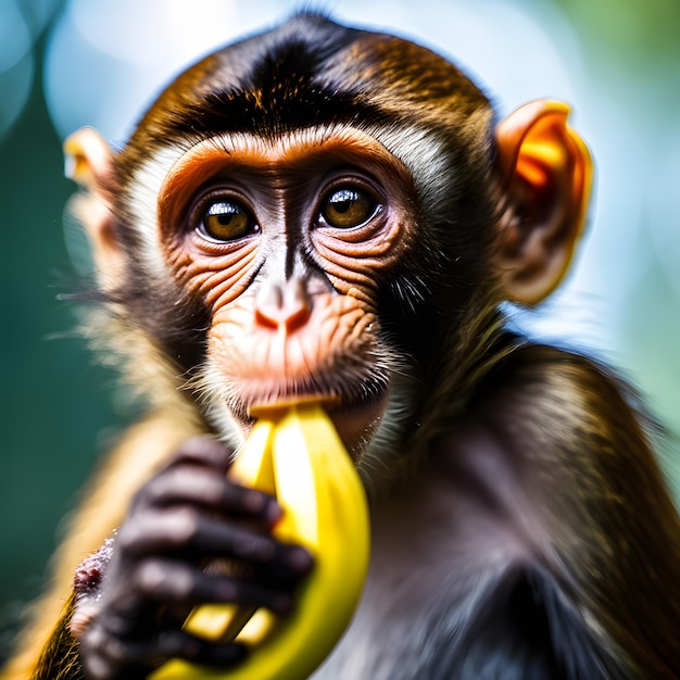 una scimmia carina che mangia una banana