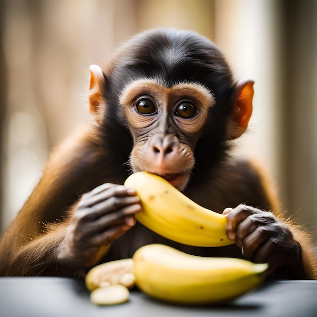 una scimmia carina che mangia una banana