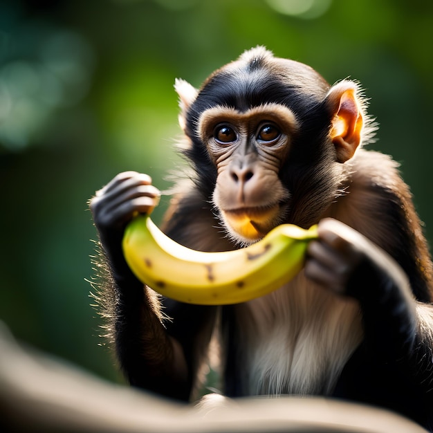 una scimmia carina che mangia una banana