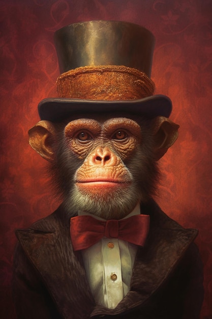 Una scimmia che indossa un cappello a cilindro e un cappello a cilindro.