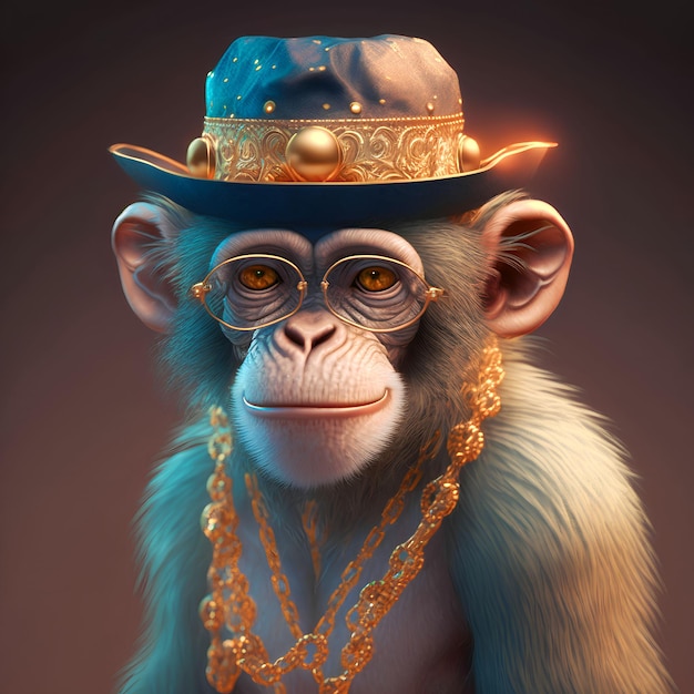 Una scimmia che indossa un cappello e una collana con perline d'oro e una collana d'oro.