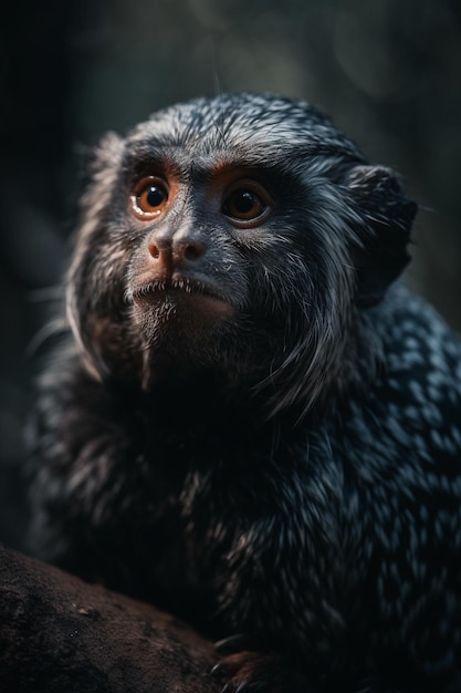 Una scimmia con la faccia nera e gli occhi marroni sta guardando la telecamera.