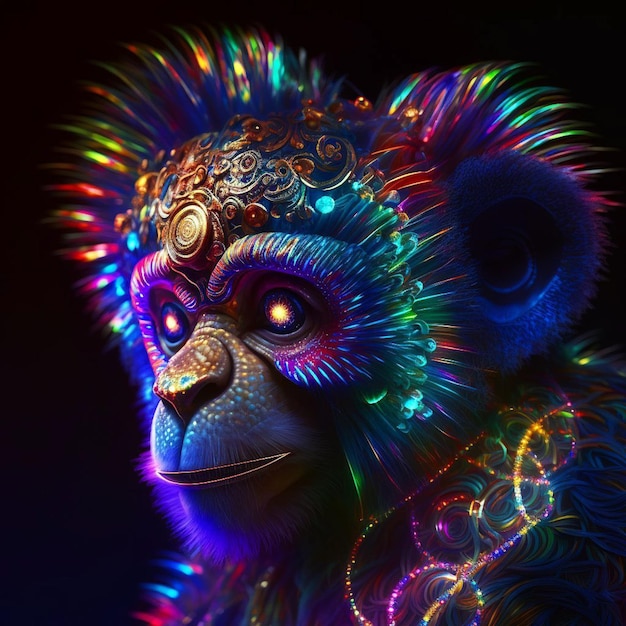 Una scimmia con occhi colorati e uno sfondo nero