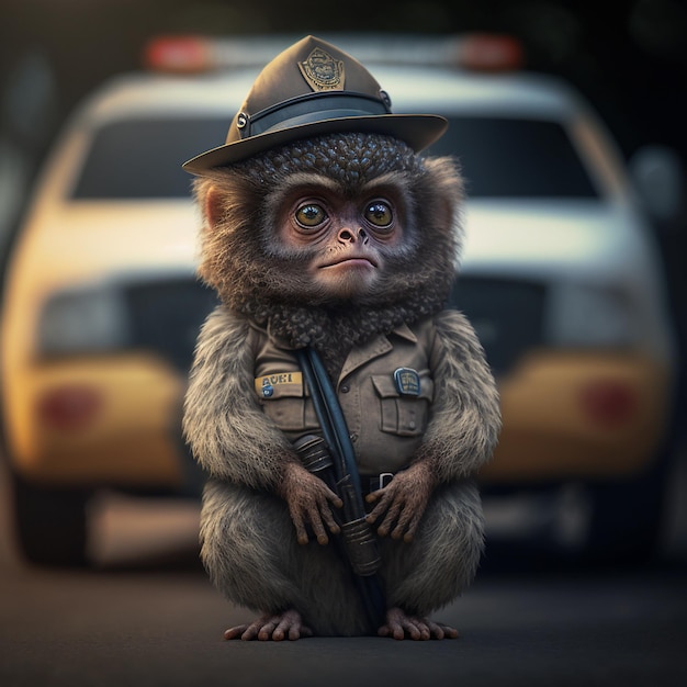 Una scimmia con un cappello da poliziotto è in piedi davanti a un'auto.