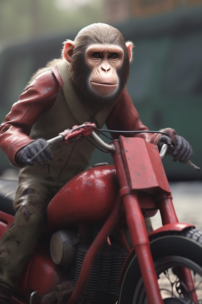 Una scimmia con un casco da motociclista rosso e guanti sta guidando una motocicletta.