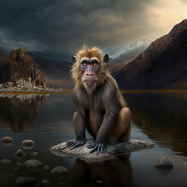 Una scimmia è seduta su un pezzo di ghiaccio in un lago.