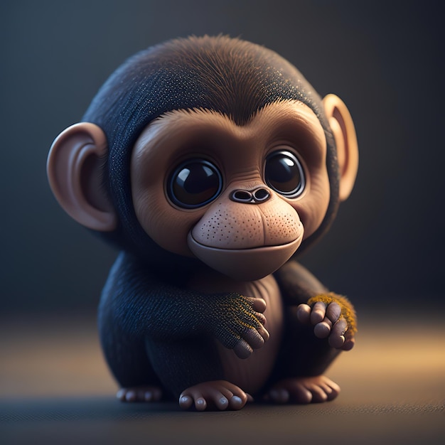 Una scimmia giocattolo con gli occhi grandi si siede su uno sfondo scuro.