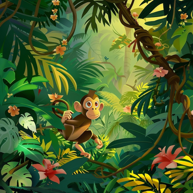 Una scimmia giocosa in una scena vivace della giungla