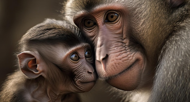Una scimmia madre e un bambino che si baciano