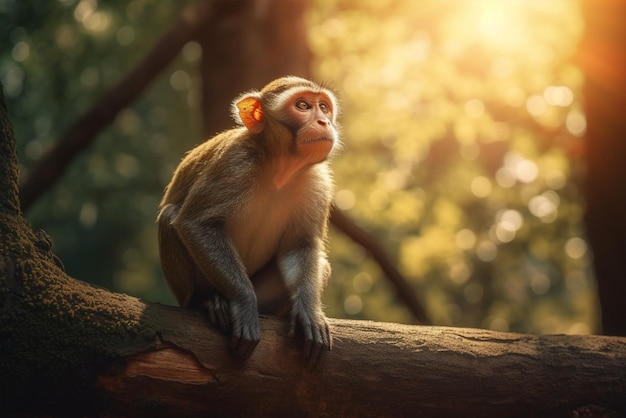 Una scimmia si siede su un ramo di un albero nella forestagenerativa ai